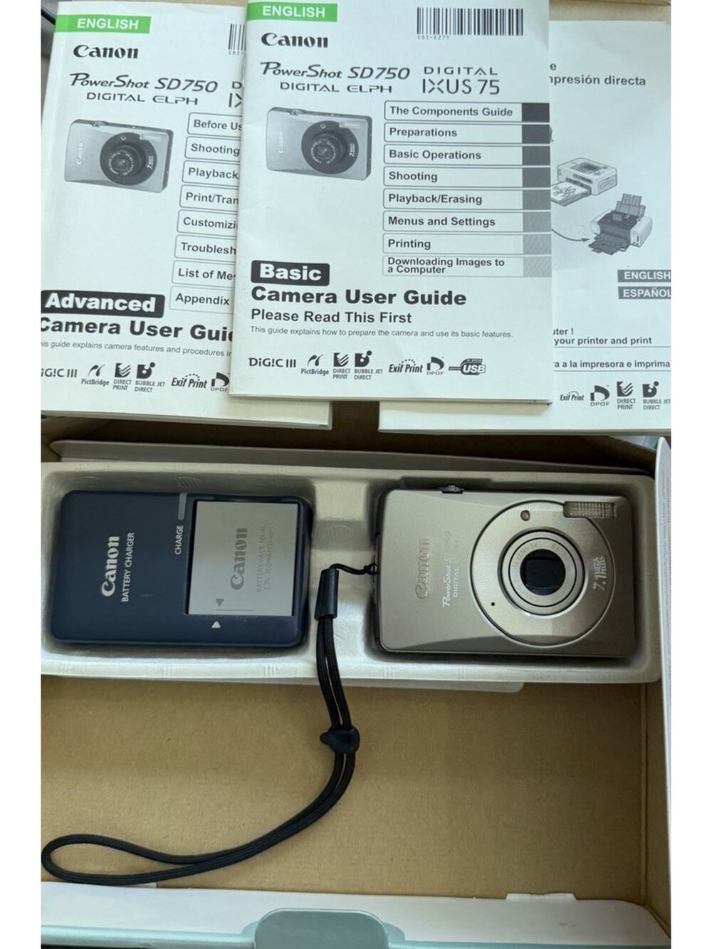 Canon PowerShot SD750 Digital ELPH Camera Boxed As-Is Parts Repair Charger